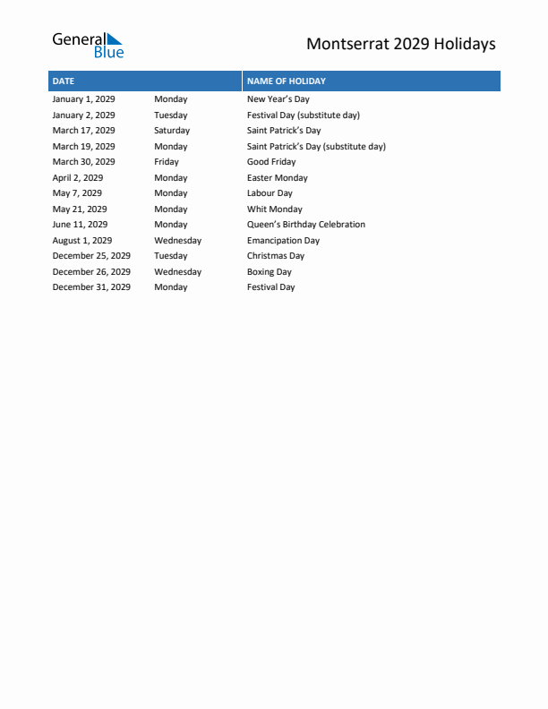 Free printable list of Montserrat holidays for year 2029