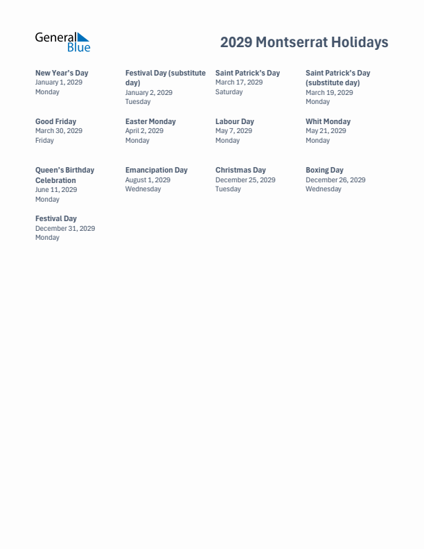 Free printable list of Montserrat holidays for year 2029