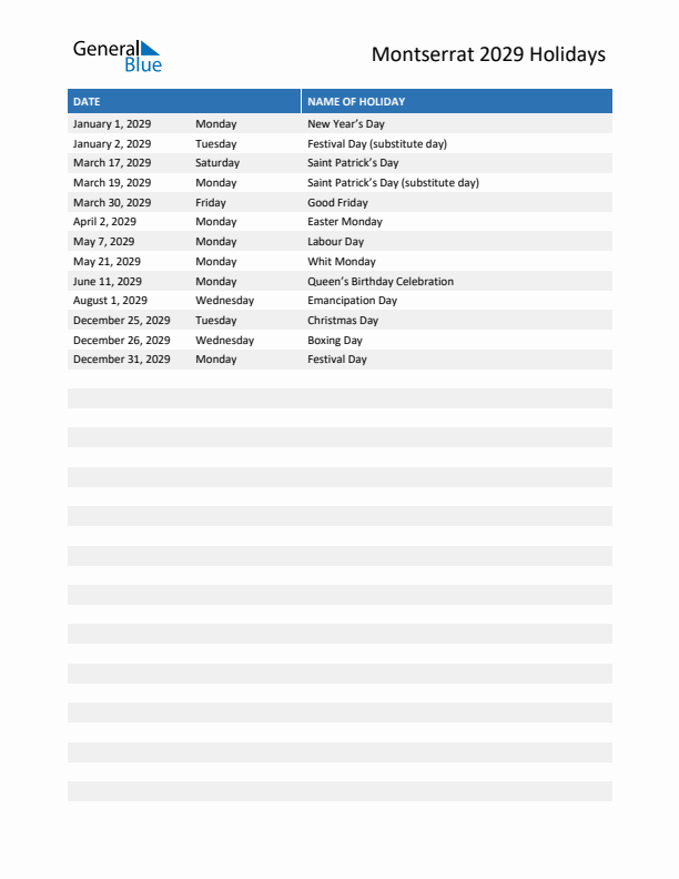 Free printable list of Montserrat holidays for year 2029