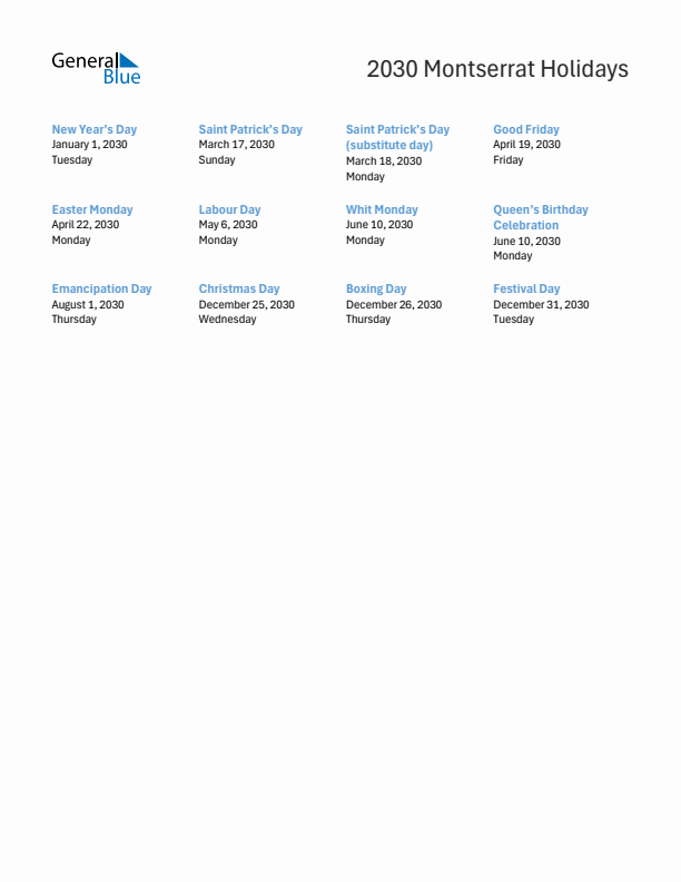 Free printable list of Montserrat holidays for year 2030