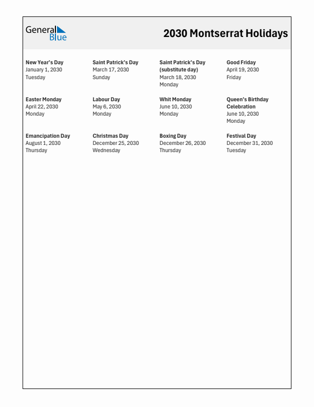Free printable list of Montserrat holidays for year 2030