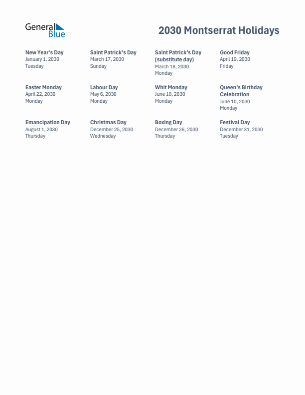 Free printable list of Montserrat holidays for year 2030