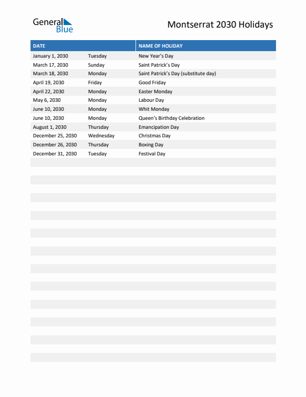 Free printable list of Montserrat holidays for year 2030
