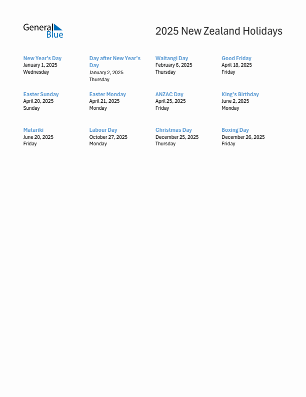 2025 New Zealand List of Holidays in PDF, Word, and Excel