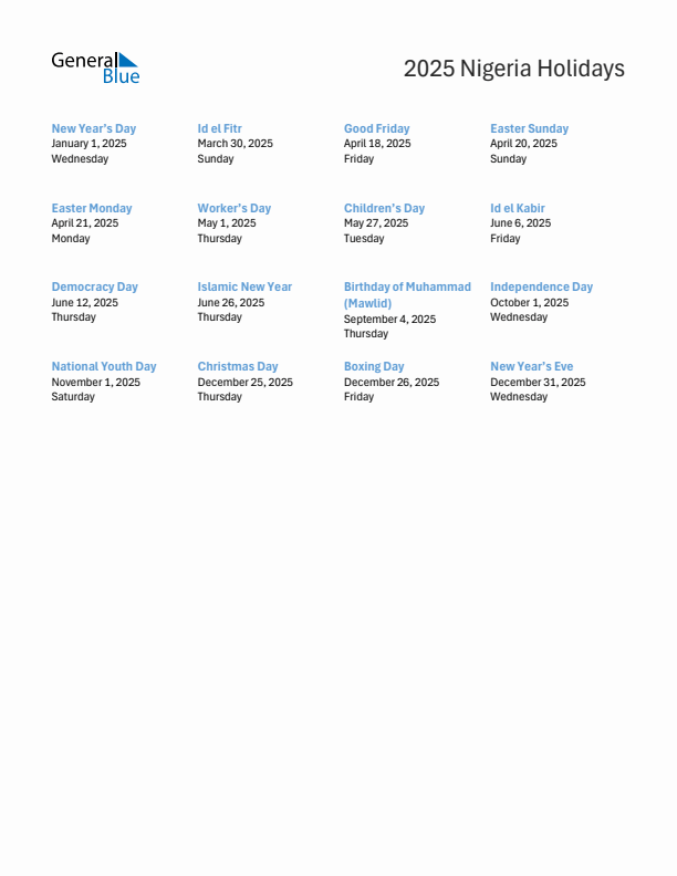 Free printable list of Nigeria holidays for year 2025
