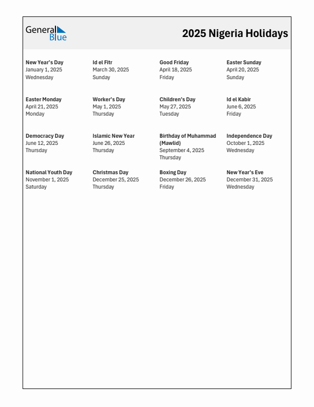 Free printable list of Nigeria holidays for year 2025