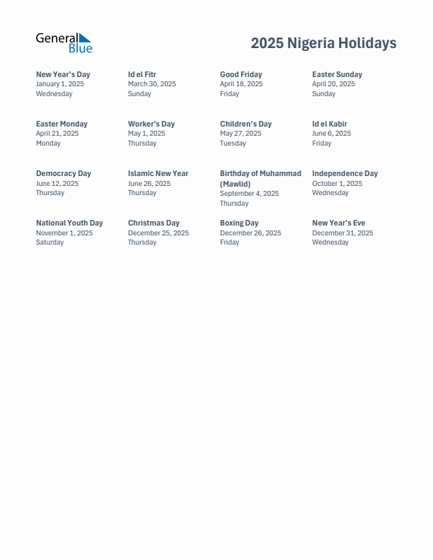 Free printable list of Nigeria holidays for year 2025