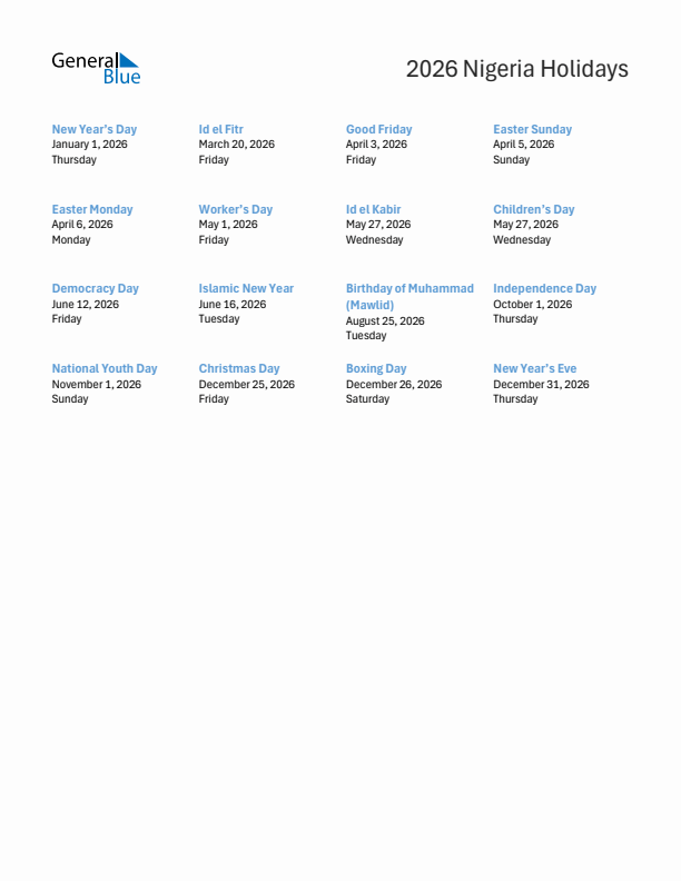 Free printable list of Nigeria holidays for year 2026