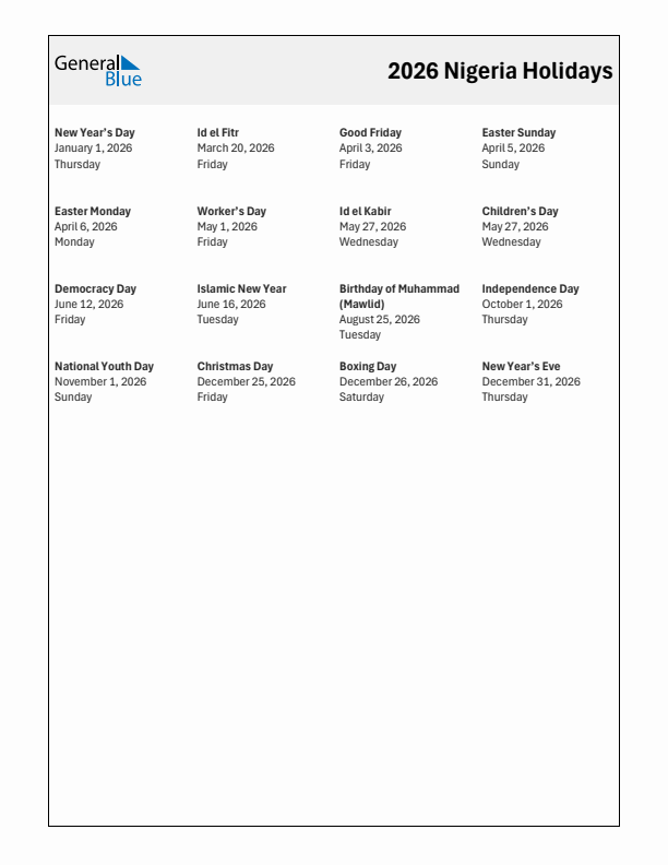 Free printable list of Nigeria holidays for year 2026