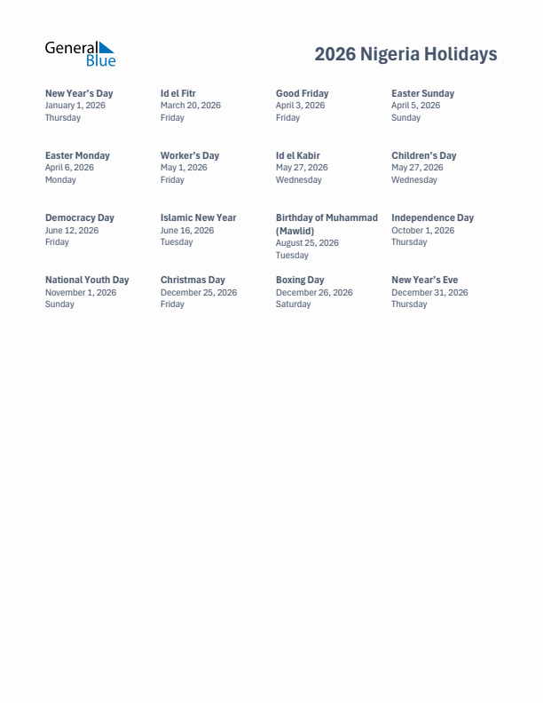 Free printable list of Nigeria holidays for year 2026