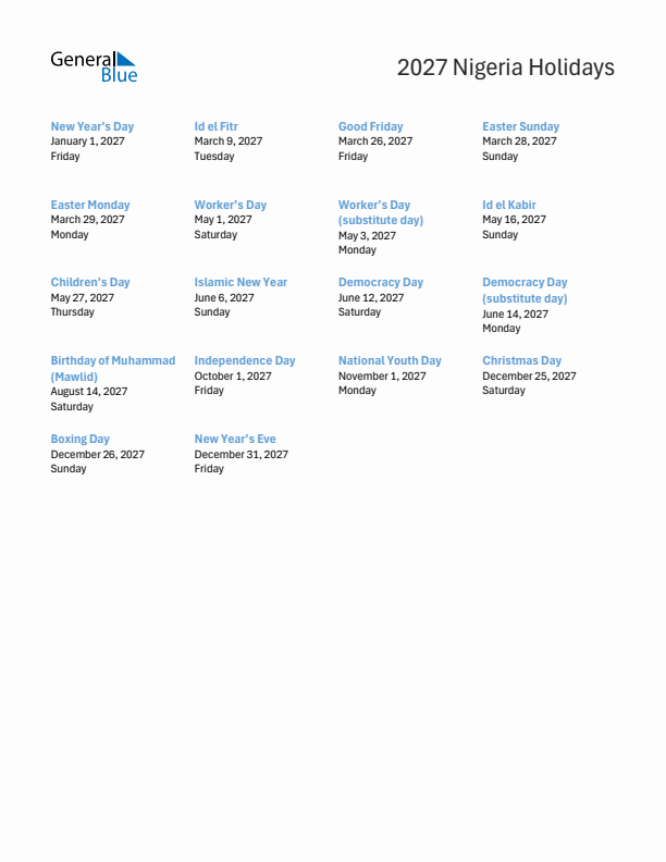 Free printable list of Nigeria holidays for year 2027