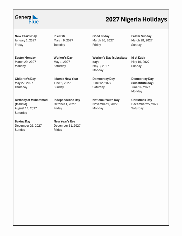 Free printable list of Nigeria holidays for year 2027