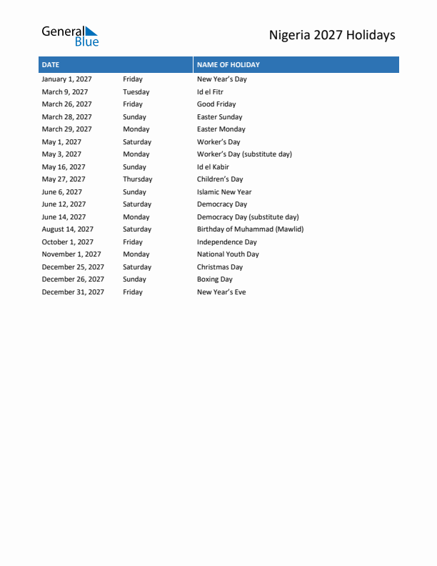 Free printable list of Nigeria holidays for year 2027