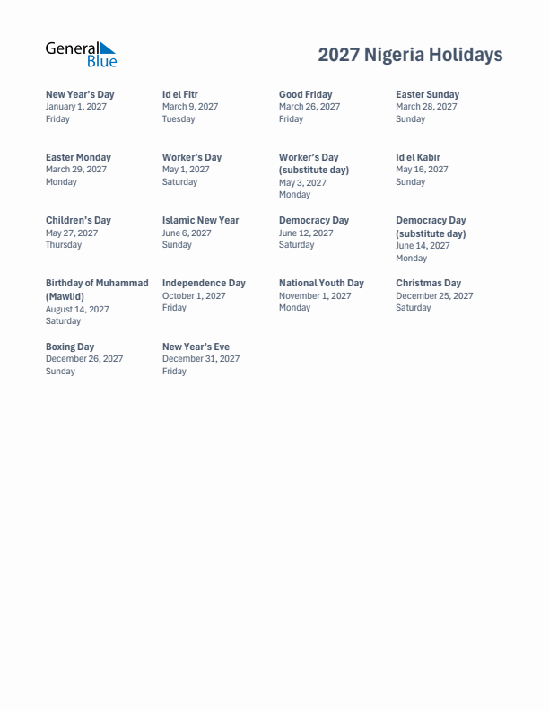 Free printable list of Nigeria holidays for year 2027