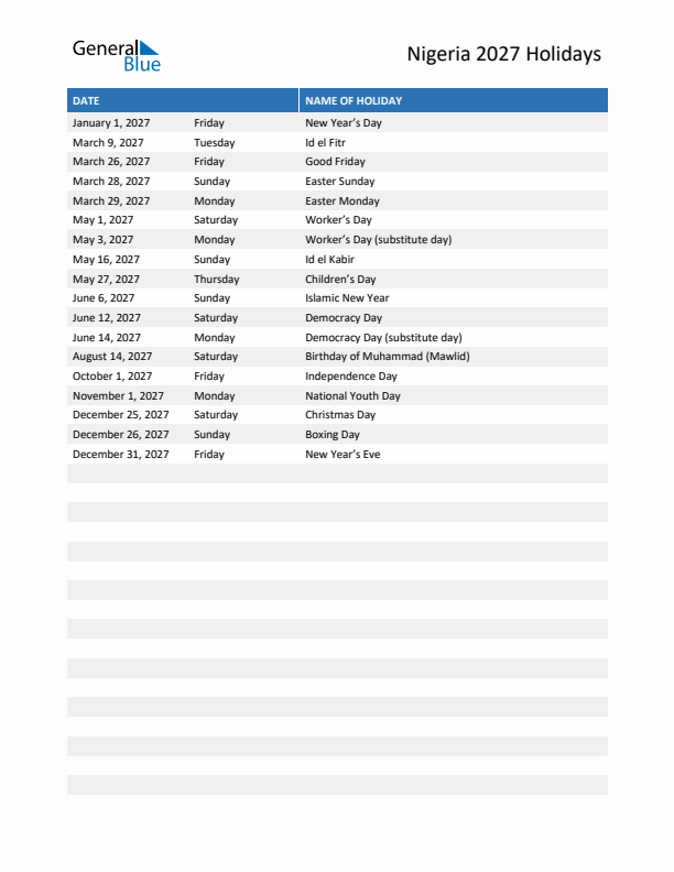 Free printable list of Nigeria holidays for year 2027