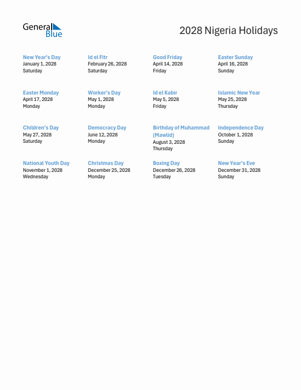 Free printable list of Nigeria holidays for year 2028
