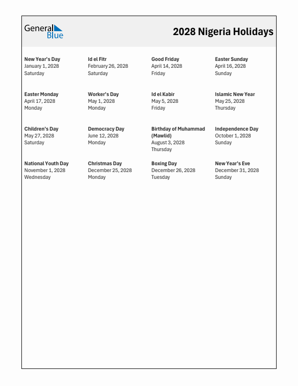 Free printable list of Nigeria holidays for year 2028