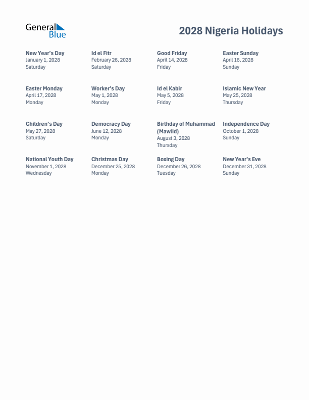 Free printable list of Nigeria holidays for year 2028