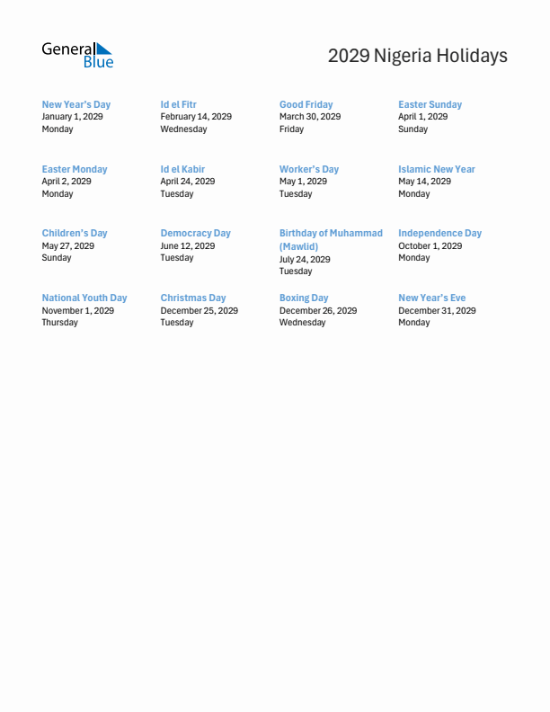 Free printable list of Nigeria holidays for year 2029