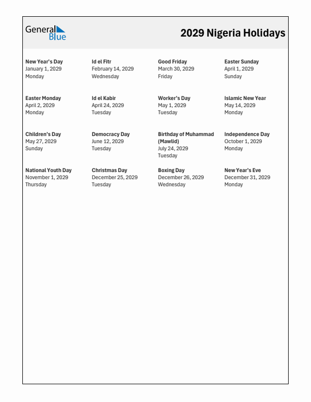 Free printable list of Nigeria holidays for year 2029