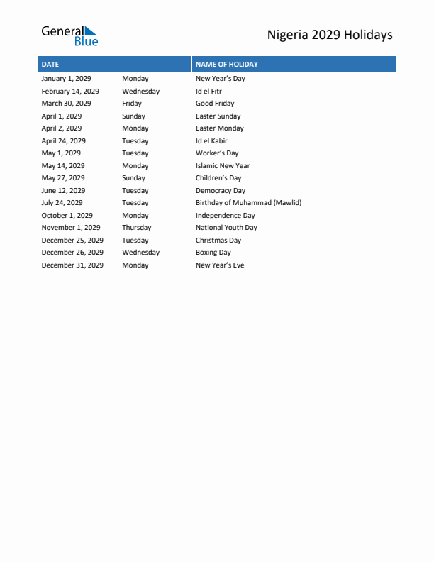 Free printable list of Nigeria holidays for year 2029