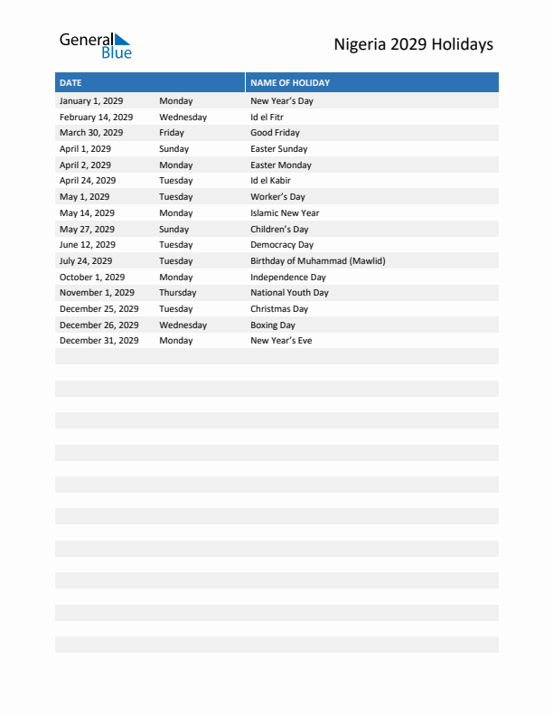 Free printable list of Nigeria holidays for year 2029