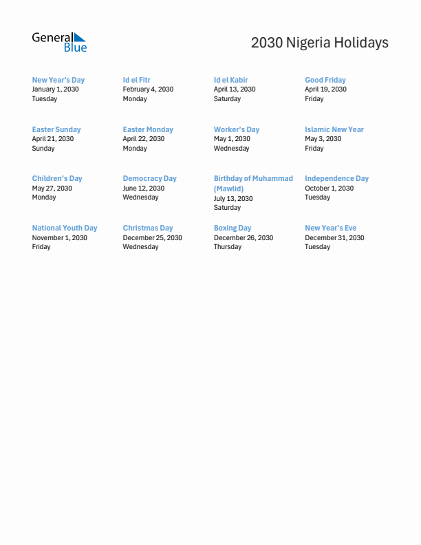 Free printable list of Nigeria holidays for year 2030