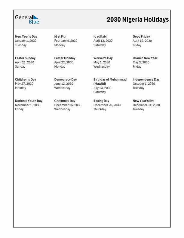 Free printable list of Nigeria holidays for year 2030