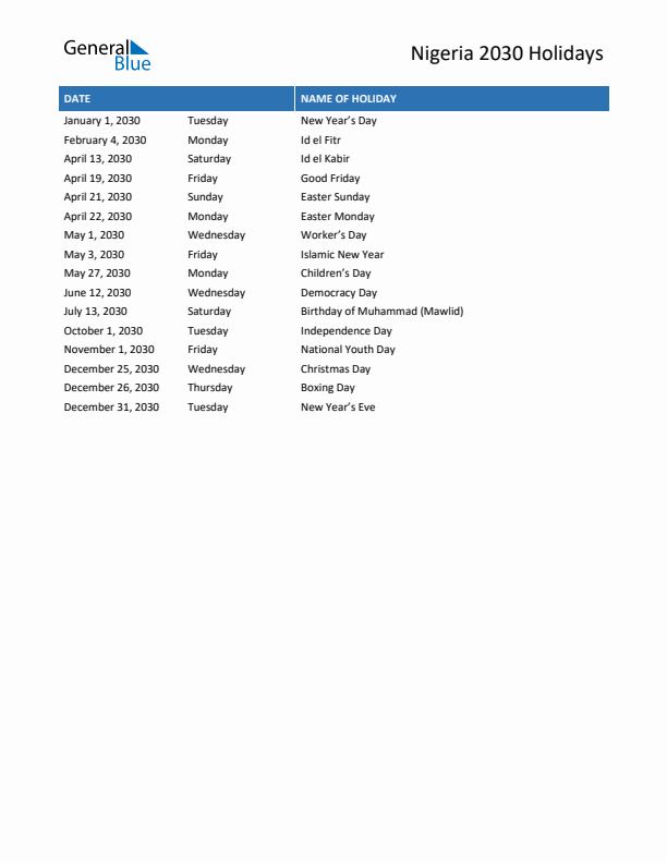 Free printable list of Nigeria holidays for year 2030