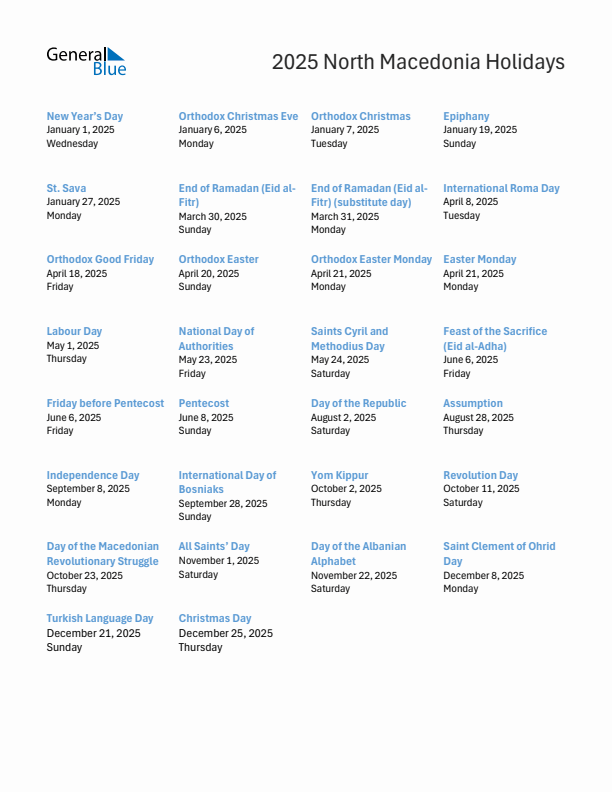 Free printable list of North Macedonia holidays for year 2025