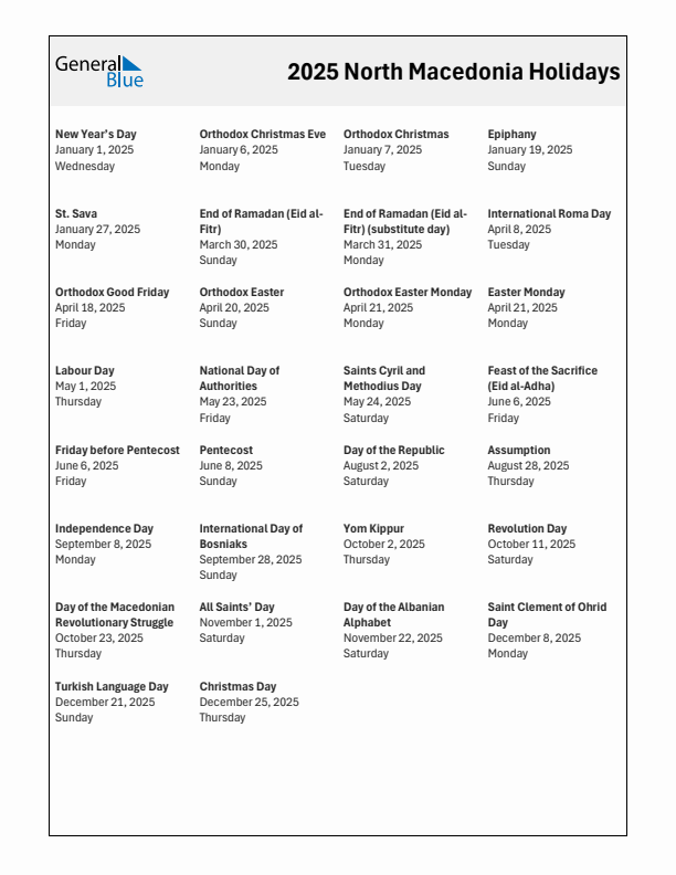Free printable list of North Macedonia holidays for year 2025