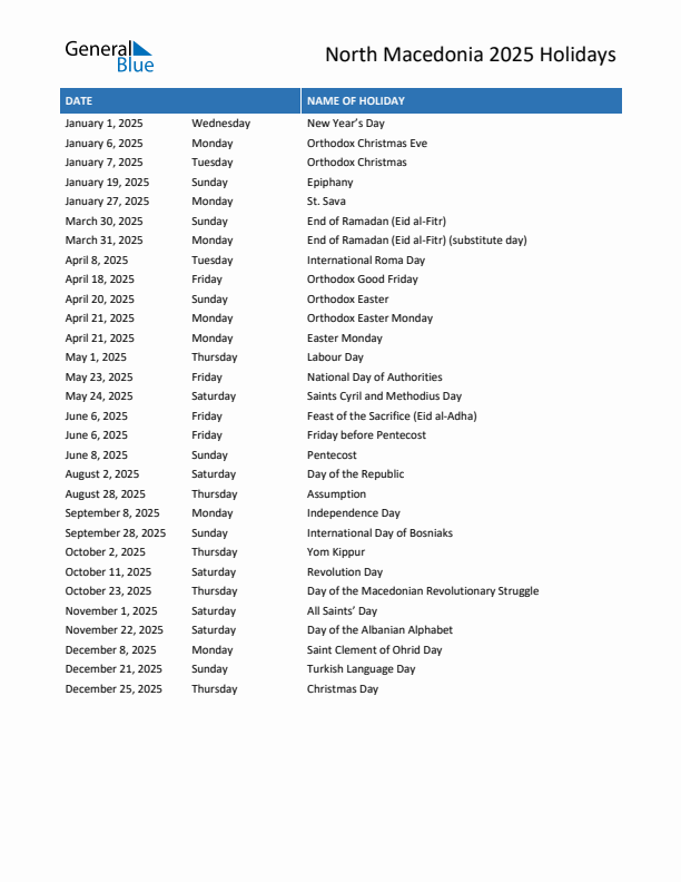 Free printable list of North Macedonia holidays for year 2025