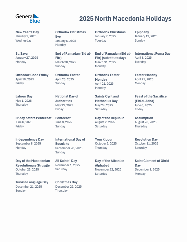 Free printable list of North Macedonia holidays for year 2025