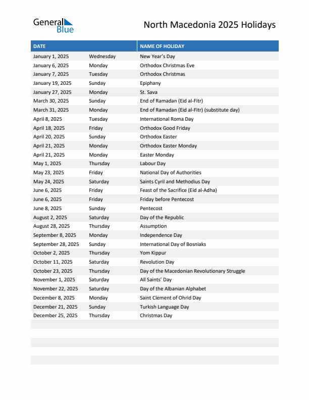 Free printable list of North Macedonia holidays for year 2025