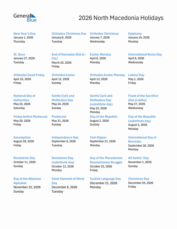 Free printable list of North Macedonia holidays for year 2026