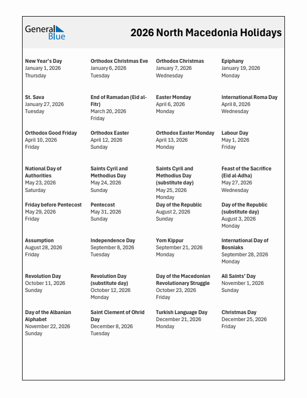 Free printable list of North Macedonia holidays for year 2026