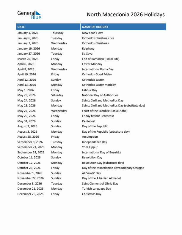 Free printable list of North Macedonia holidays for year 2026