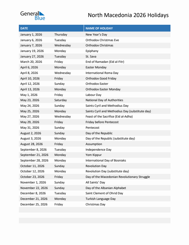 Free printable list of North Macedonia holidays for year 2026