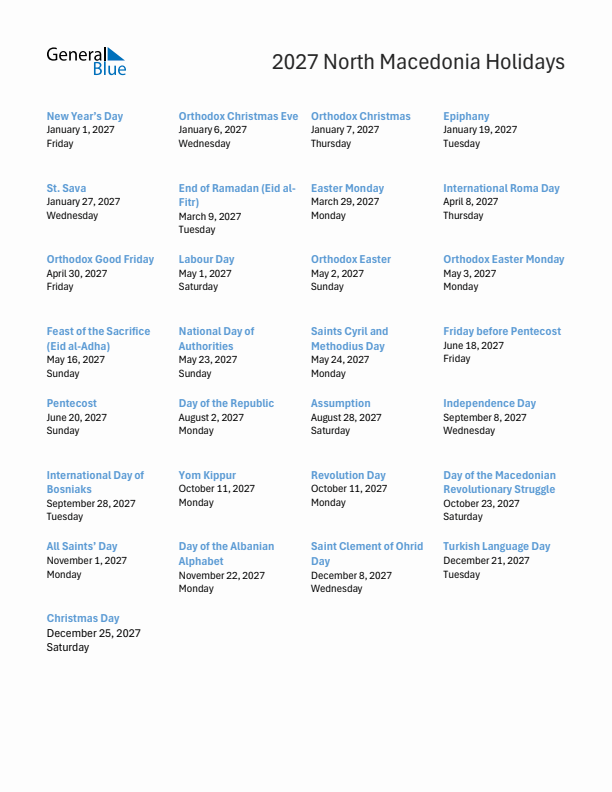 Free printable list of North Macedonia holidays for year 2027