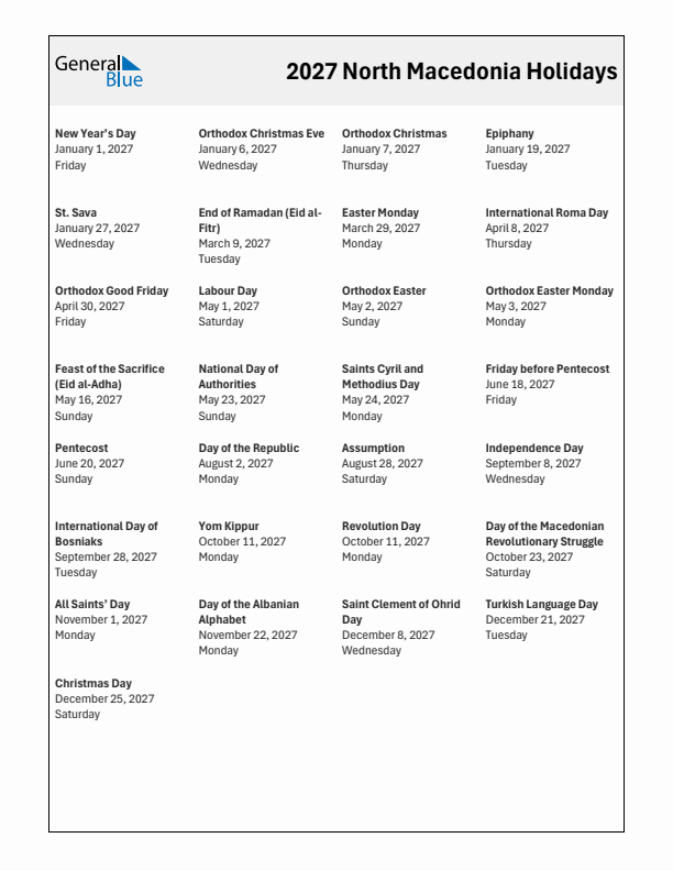 Free printable list of North Macedonia holidays for year 2027