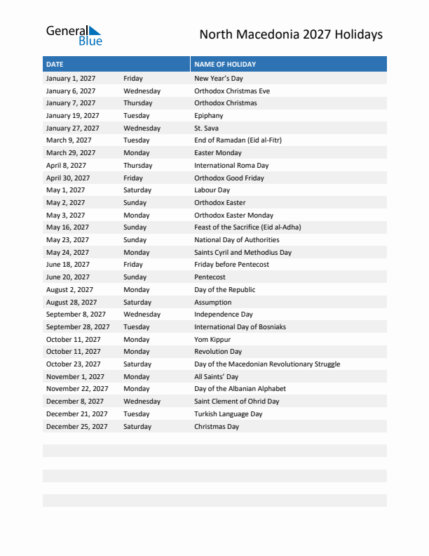 Free printable list of North Macedonia holidays for year 2027