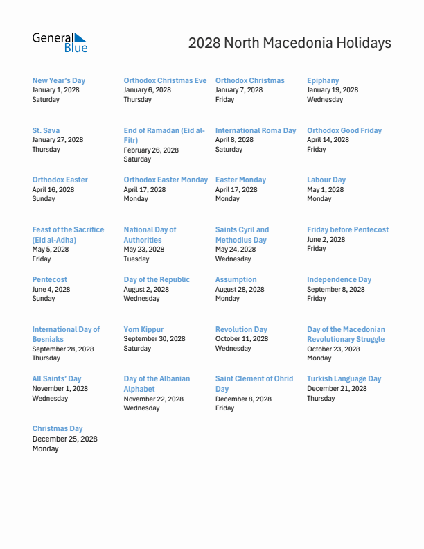 Free printable list of North Macedonia holidays for year 2028