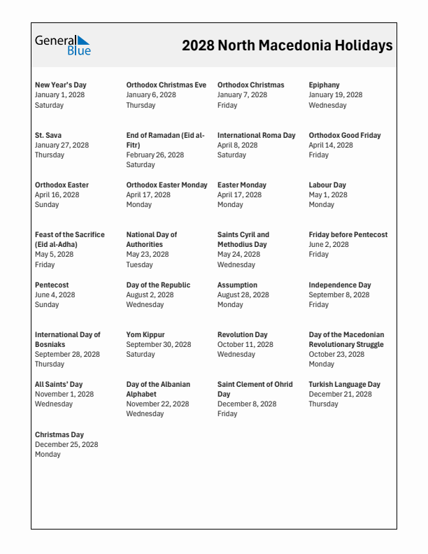 Free printable list of North Macedonia holidays for year 2028