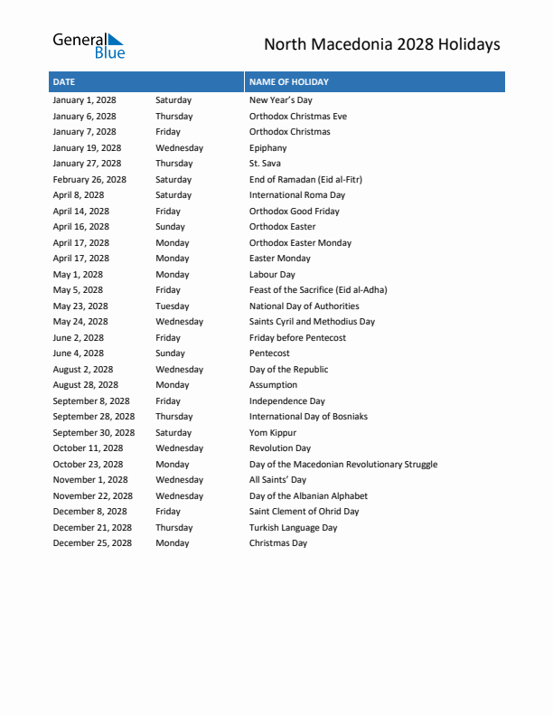 Free printable list of North Macedonia holidays for year 2028