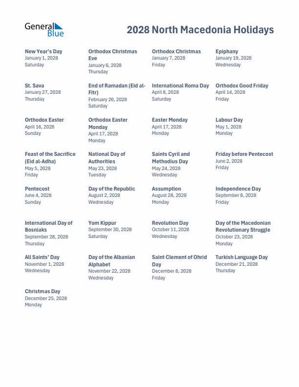 Free printable list of North Macedonia holidays for year 2028