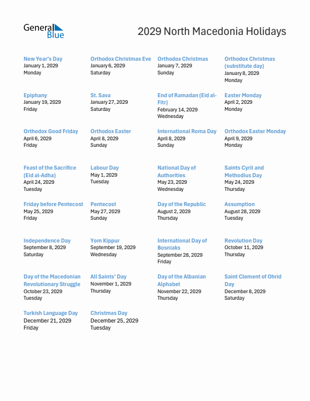 Free printable list of North Macedonia holidays for year 2029