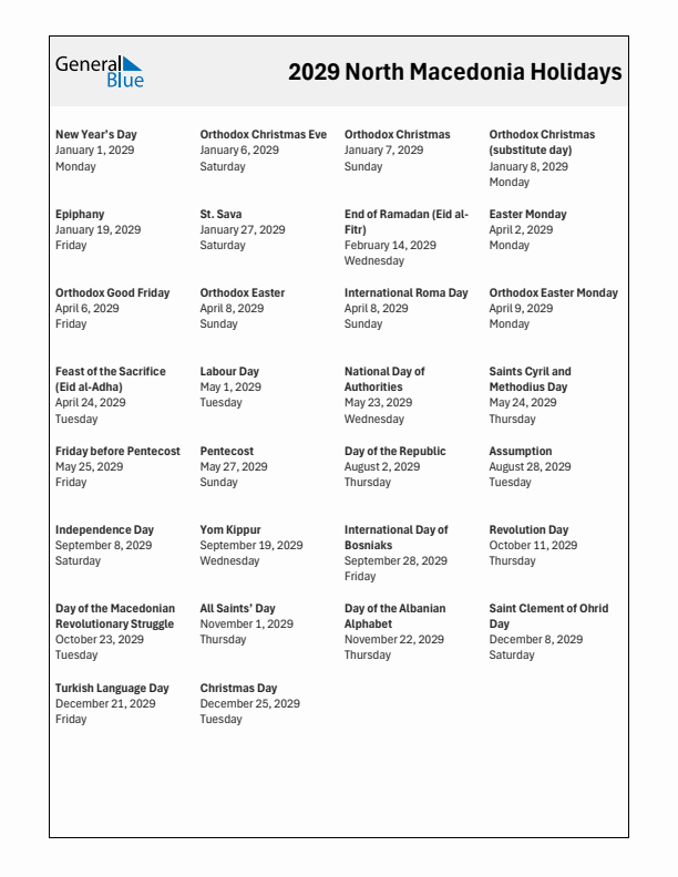 Free printable list of North Macedonia holidays for year 2029