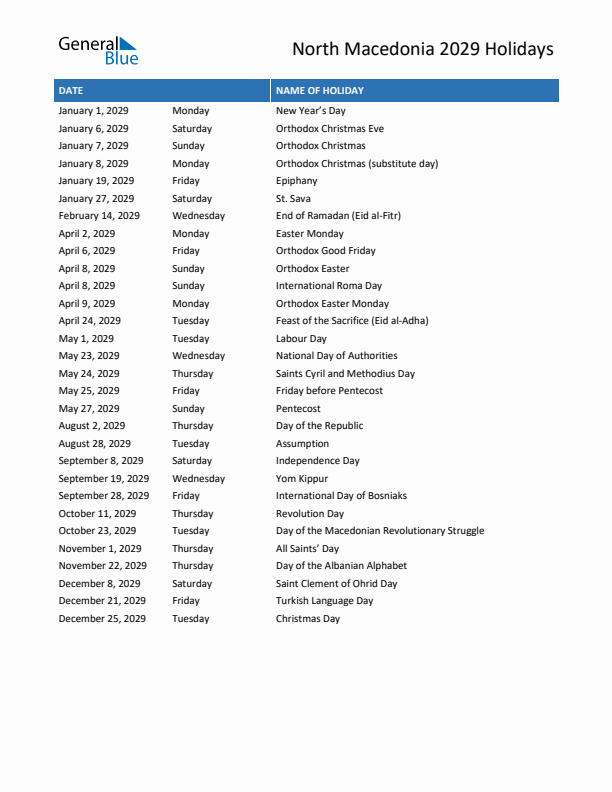Free printable list of North Macedonia holidays for year 2029