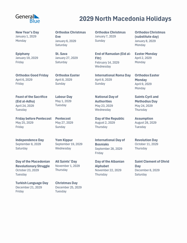 Free printable list of North Macedonia holidays for year 2029