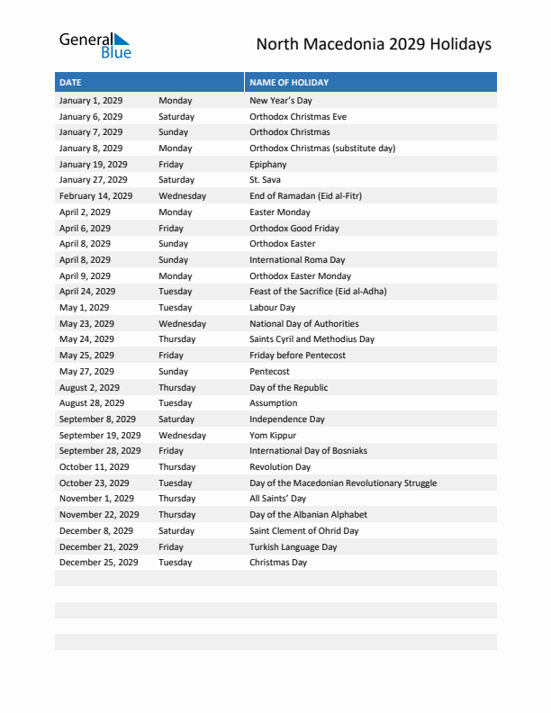 Free printable list of North Macedonia holidays for year 2029
